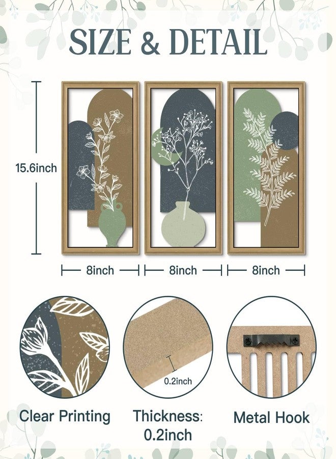 Putuo Decor Botanical Wall Decor Set of 3,Boho Plant Wall Art, Green Bohemian Abstract Wall Decor, Modern Neutral Wooden Frame Decor for Living Room Bedroom Office - Image 2